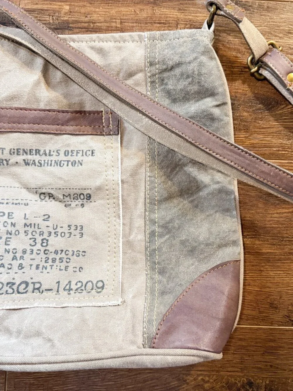 Mona B “Identified” Upcycled Canvas Crossbody Bag Vegan Leather Distressed - Picture 3 of 10